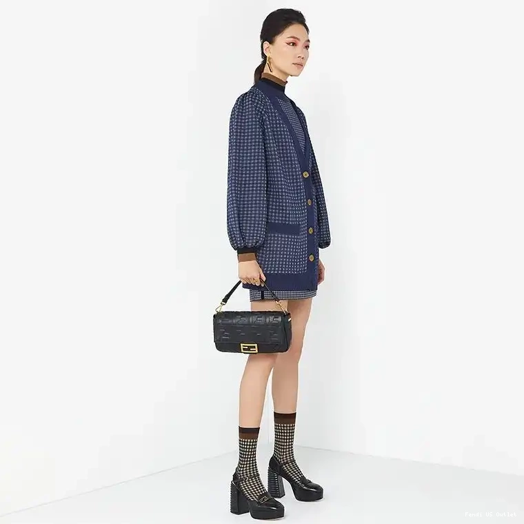Affordable HOT Nappa Baguette Bag Motif In Leather Medium FF Fendi Black 0629